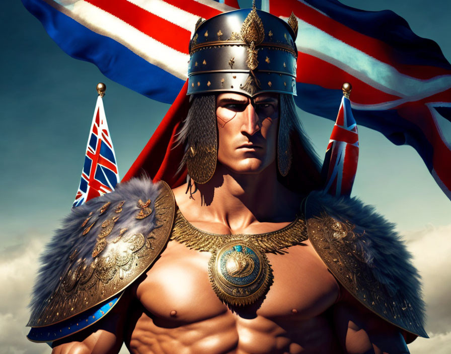 Muscular warrior in ancient armor with crown, Union Jack flag, and dramatic sky.