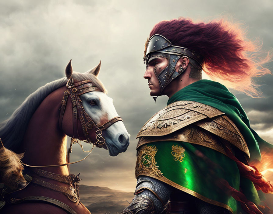 Detailed Warrior in Plumed Helmet Beside Horse Under Stormy Sky