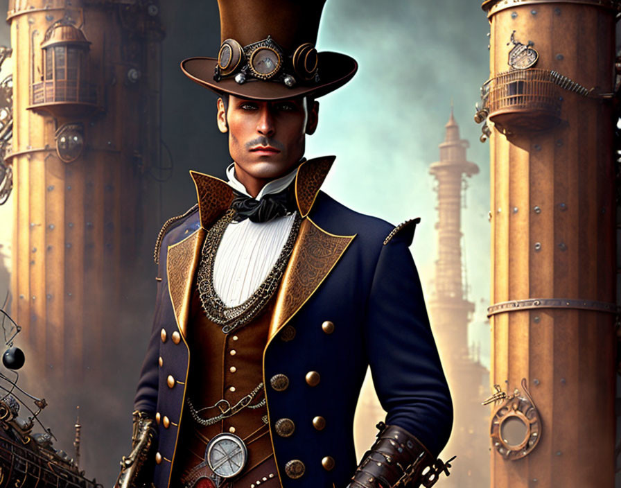 Steampunk-themed man in top hat and goggles against industrial background