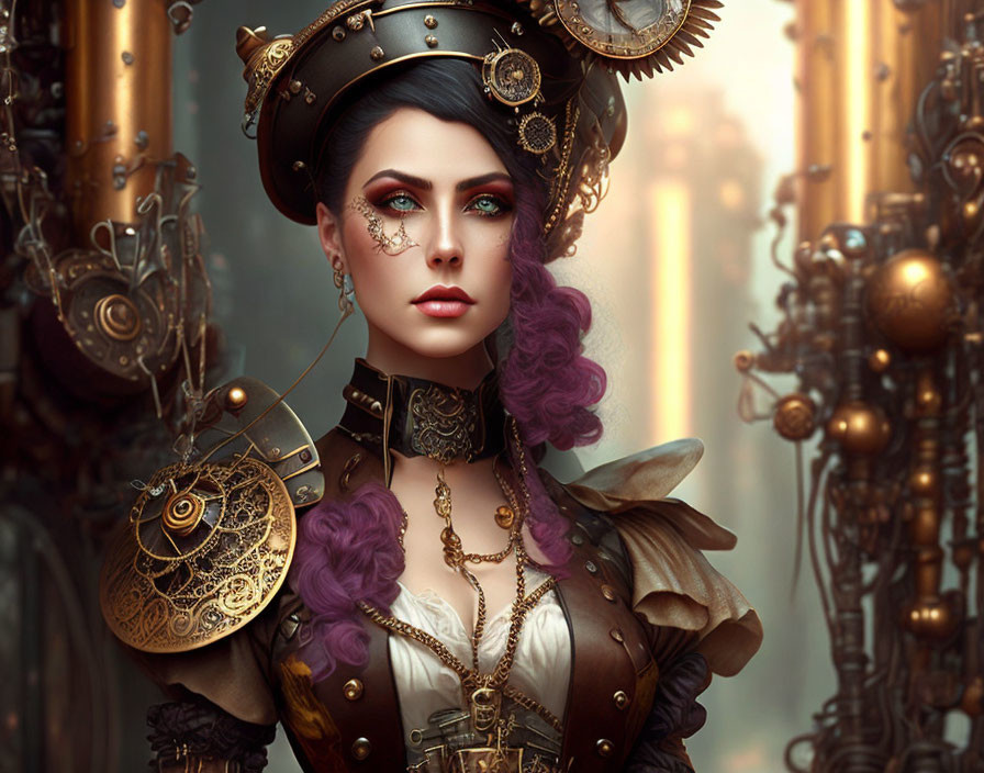 Steampunk-inspired woman with brass goggles, clockwork accessories, purple hair, blue eyes, and