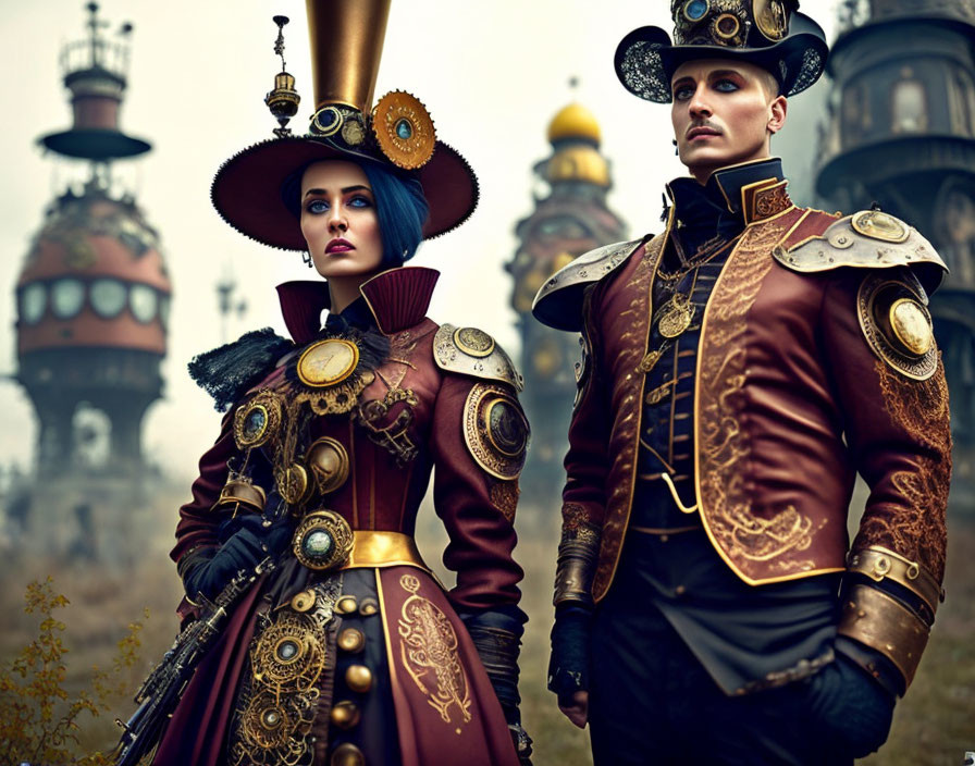 Two people in steampunk attire with cog and gear accents in front of whimsical fantasy architecture.