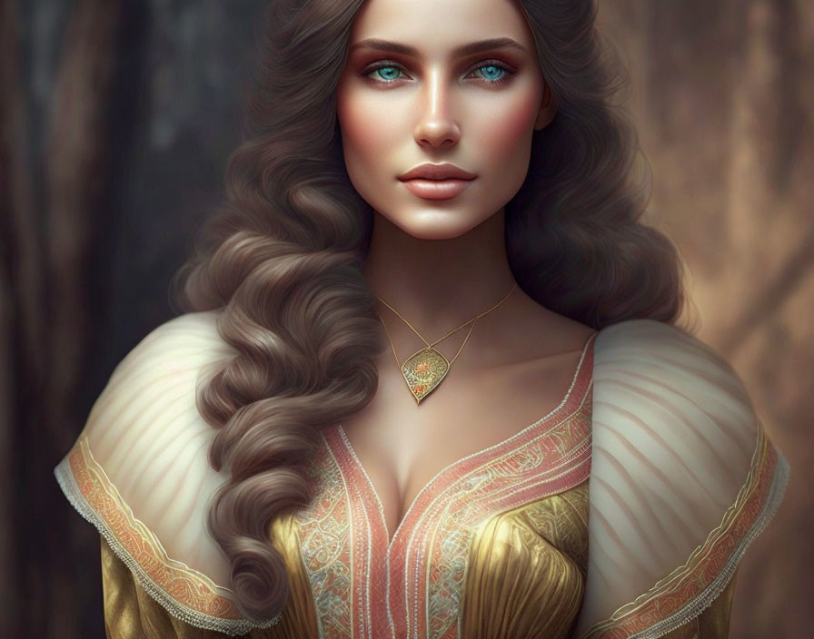 Digital portrait of woman with wavy hair, green eyes, necklace, in medieval dress in forest.