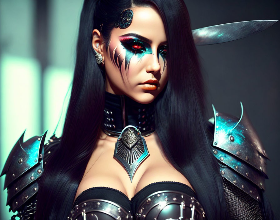 Fantasy warrior in ornate armor with dark hairstyle and red stripe makeup