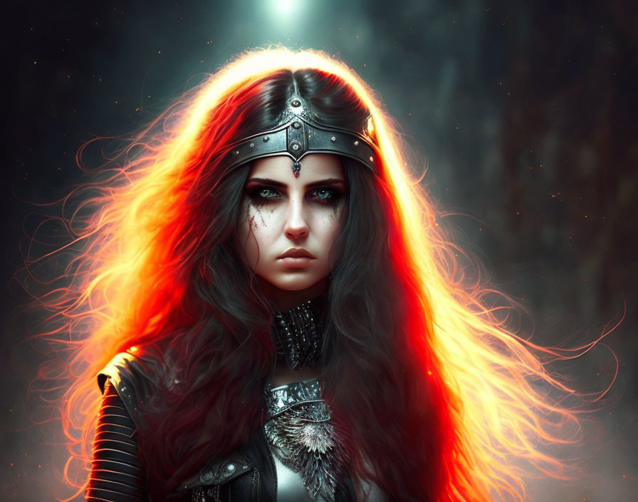 Digital artwork of a fierce woman in dark armor with glowing red hair