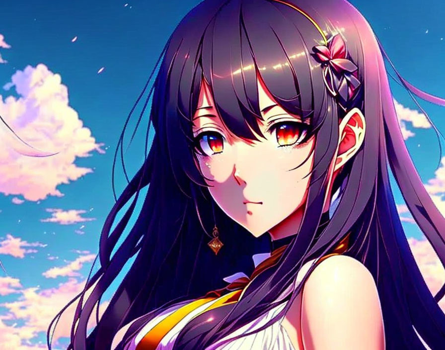 Long Black-Haired Anime Girl in White Outfit on Blue Sky Background