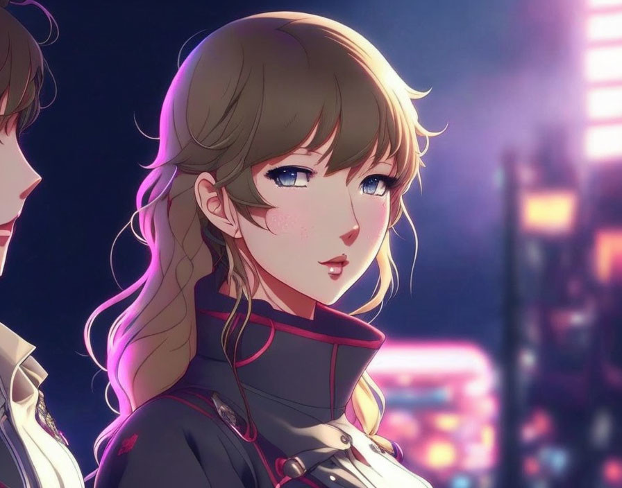 Animated female character with brown hair and blue eyes in red and black outfit against neon cityscape.