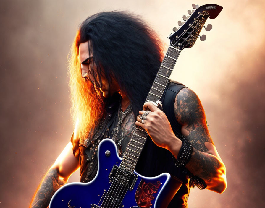 Long-haired guitarist with tattoos playing blue electric guitar in fiery background