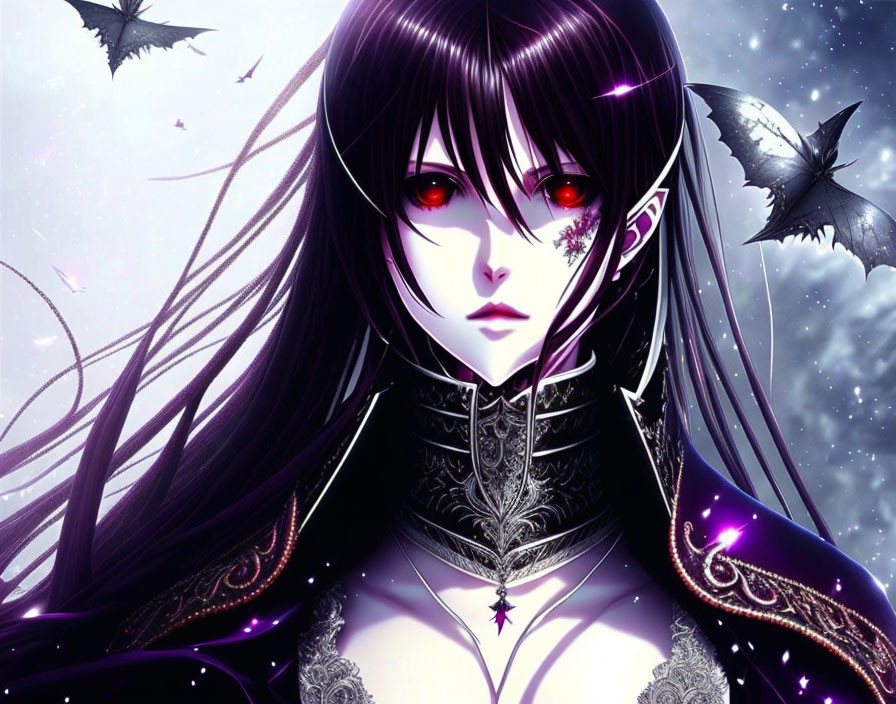 Illustrated female character with black hair and red eyes surrounded by bats in gothic outfit