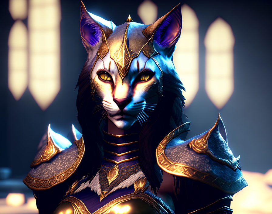 Anthropomorphic feline character in elegant armor and crown against glowing lights