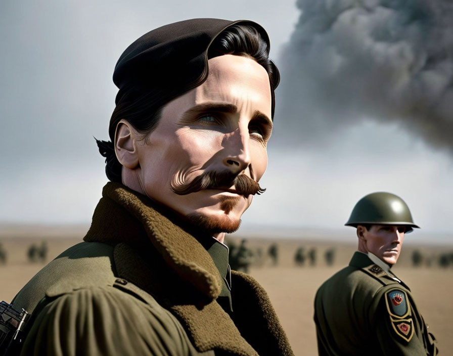 Stylized military officer with mustache in green uniform and soldiers in background