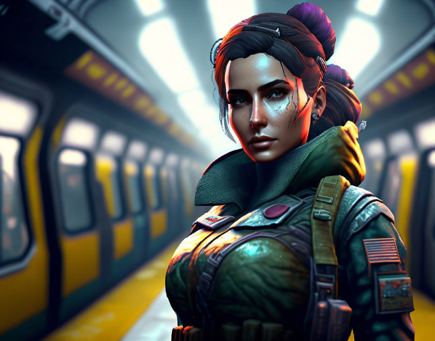 Freckled woman in futuristic armor on subway car with headband