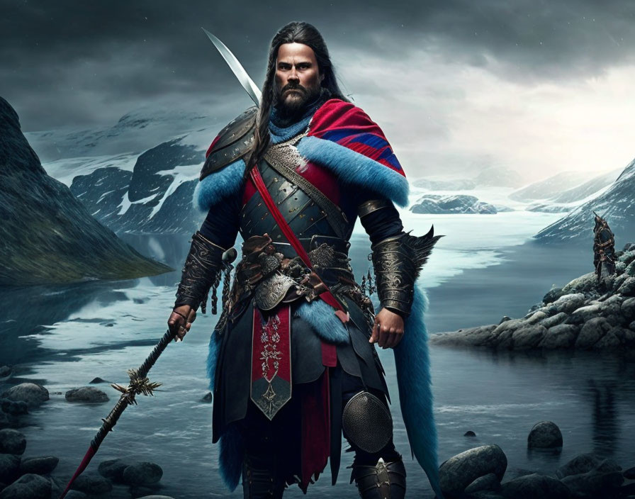 Stoic warrior in cape and armor with sword and spear under dramatic sky