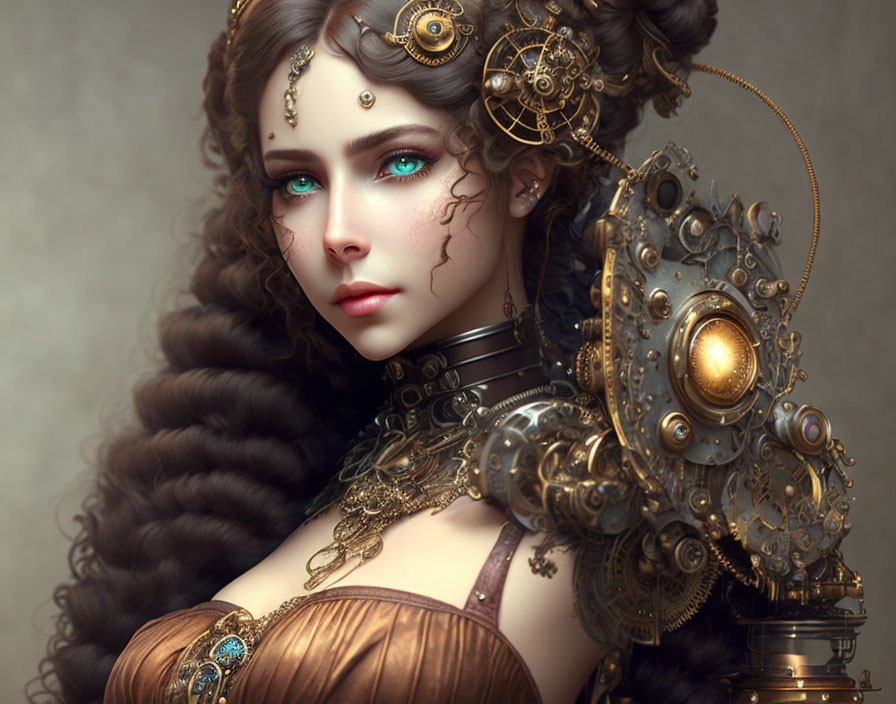 Steampunk-inspired digital artwork of a woman with mechanical shoulder armor.