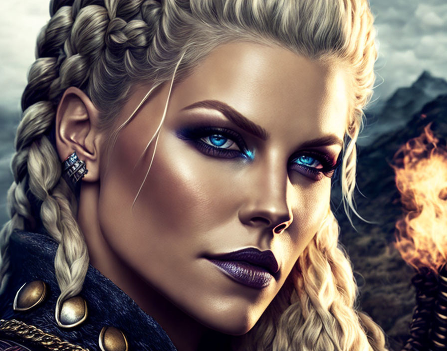 Fantasy-themed digital artwork of woman with braided hair and Viking attire