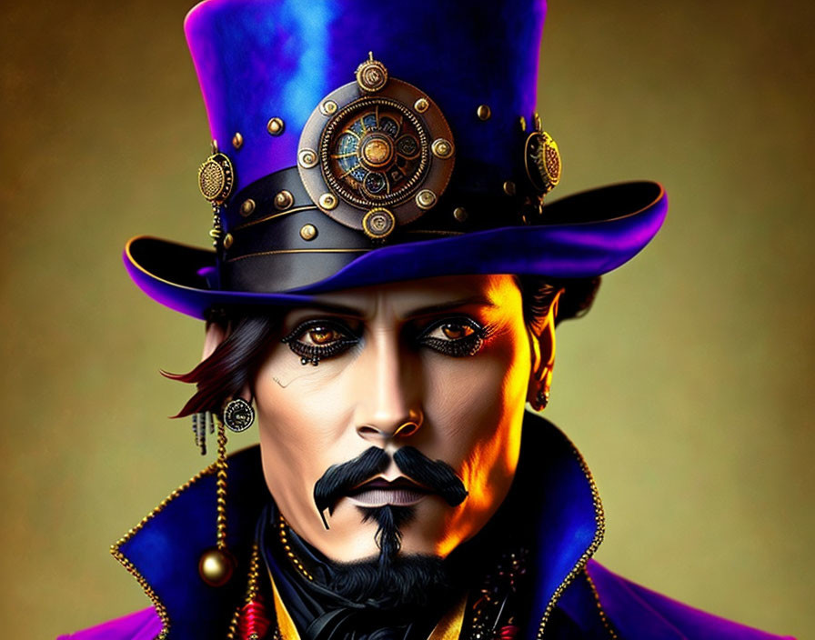 Steampunk-themed digital art portrait of a man in purple outfit