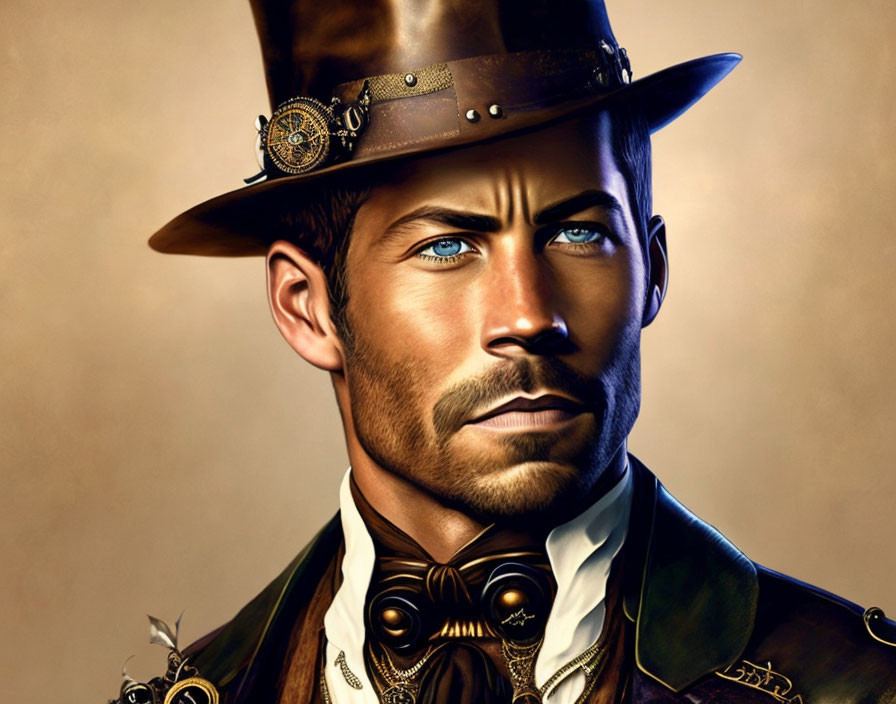 Detailed digital artwork: man in steampunk attire with cogwheel monocle