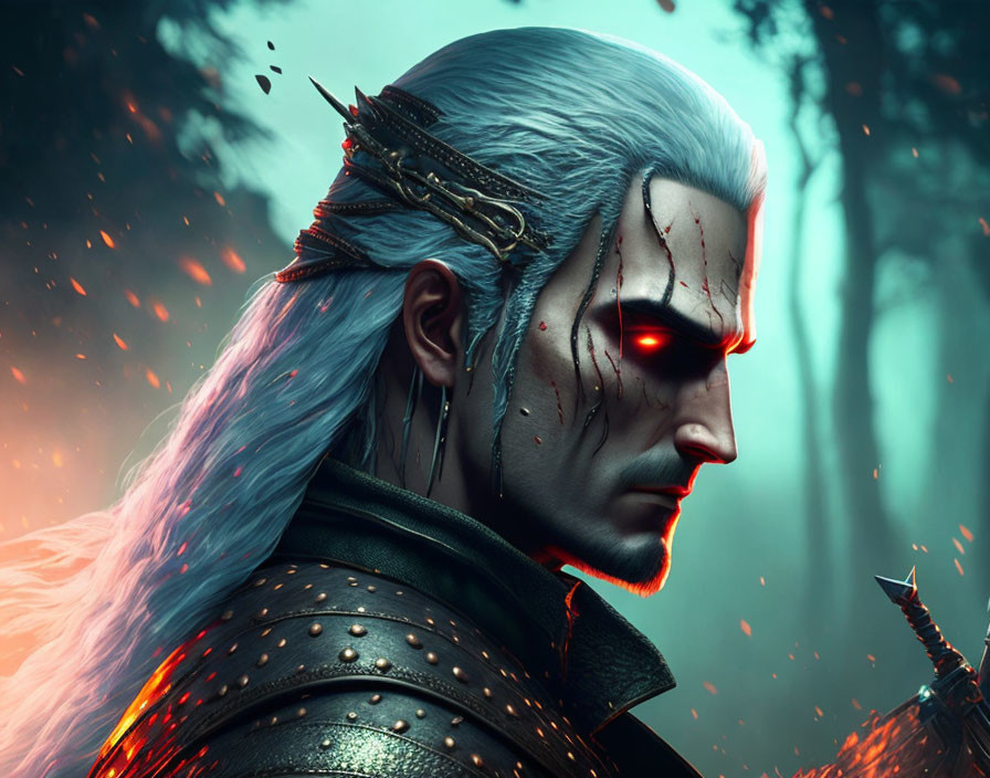 Elf-like warrior with silver hair and red eyes in dark armor in ember-filled forest