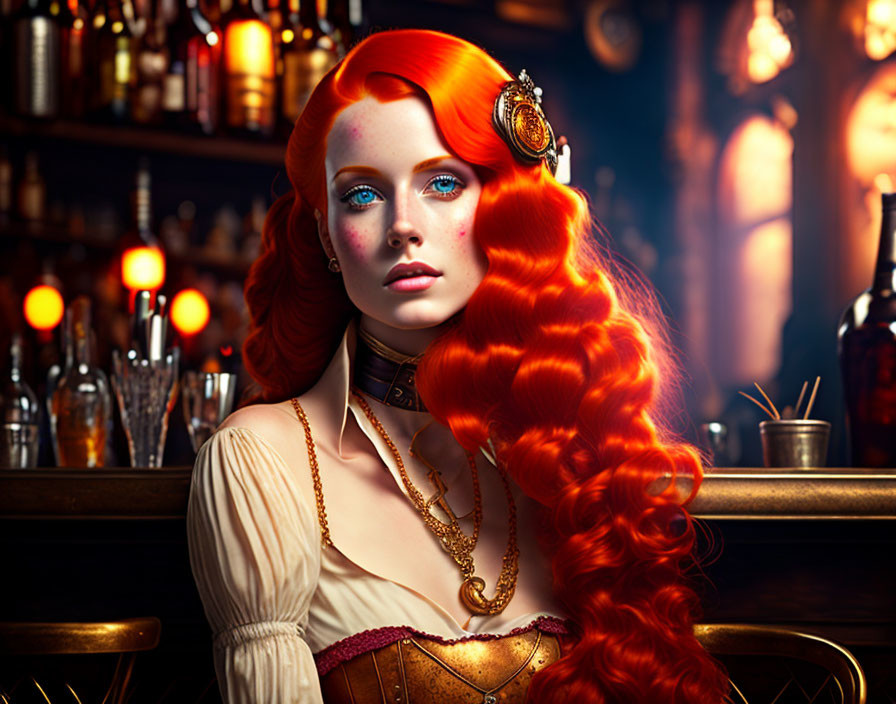 Digital Artwork: Woman with Red Hair and Blue Eyes in Vintage Bar Setting