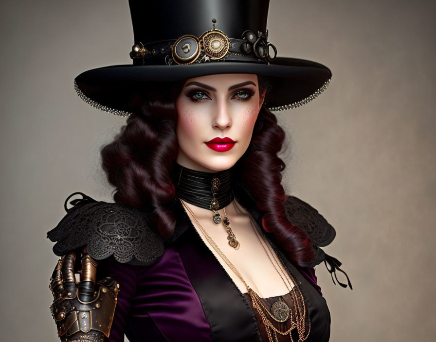 Steampunk-themed woman with mechanical arm and elaborate attire