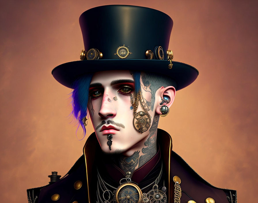 Steampunk-inspired man digital artwork with top hat, ear piercings, and face tattoos