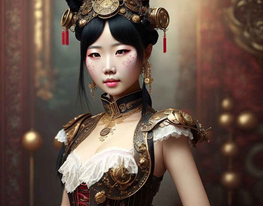 Digital illustration of woman in ornate Asian-inspired attire with armor elements