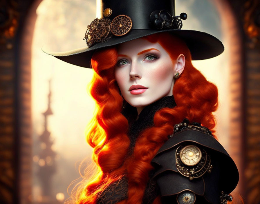 Digital Artwork: Woman with Red Hair & Green Eyes in Steampunk Outfit