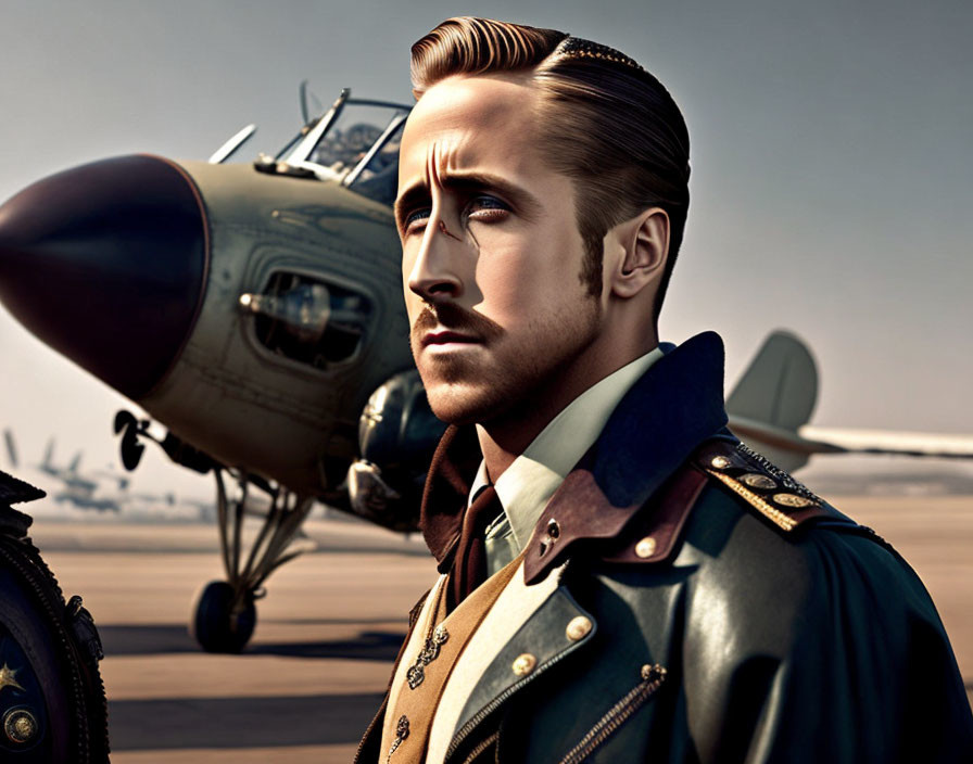 Vintage military uniform man poses with old fighter plane