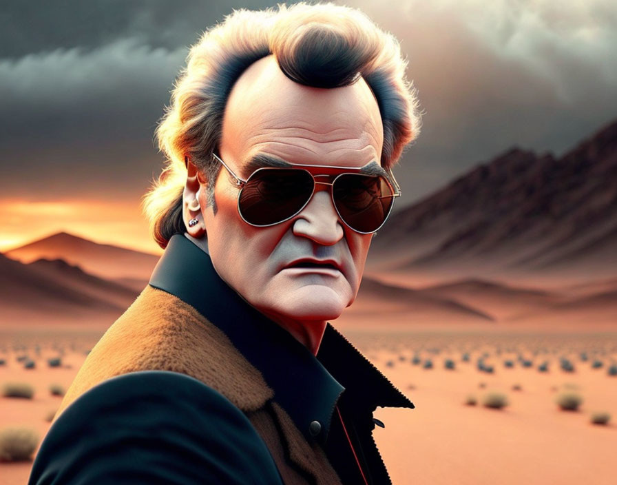 Digital artwork of stern man in sunglasses and coat in desert landscape.