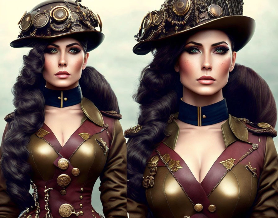 Steampunk-themed woman with bold makeup and wavy hair