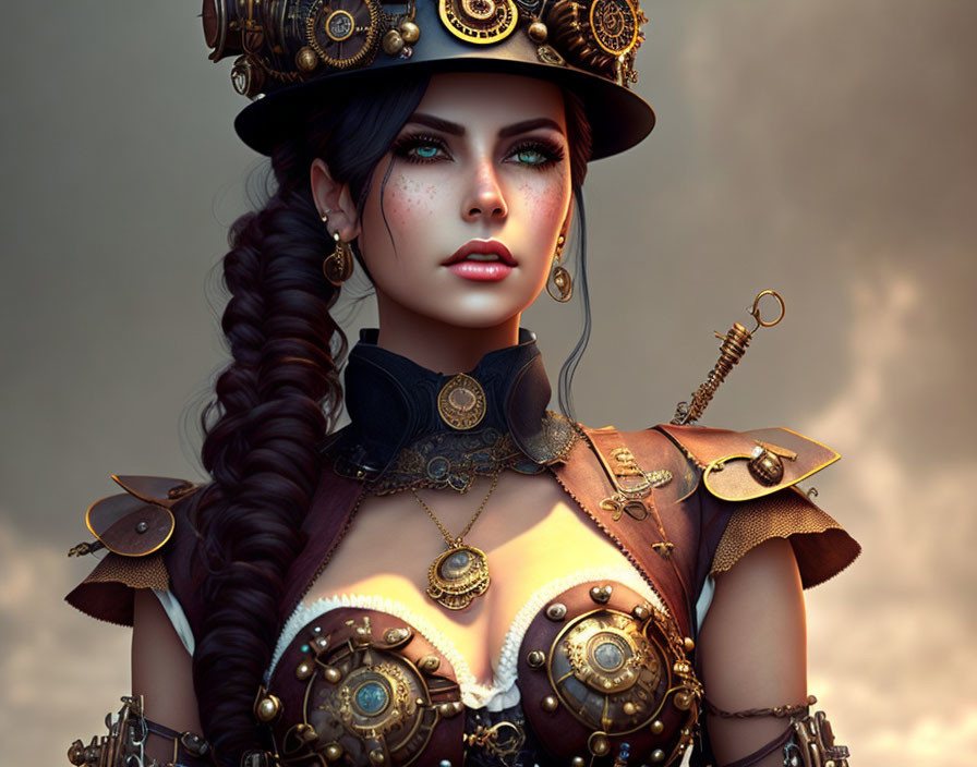 Steampunk-themed woman in ornate outfit with top hat and monocle