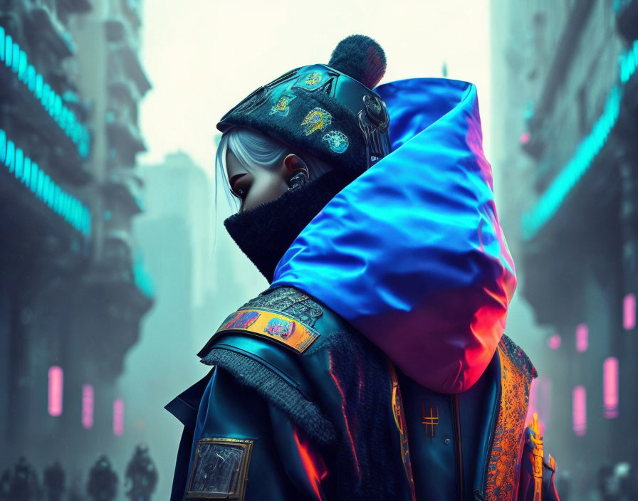 Futuristic urban attire with blue hood and mask in neon-lit city