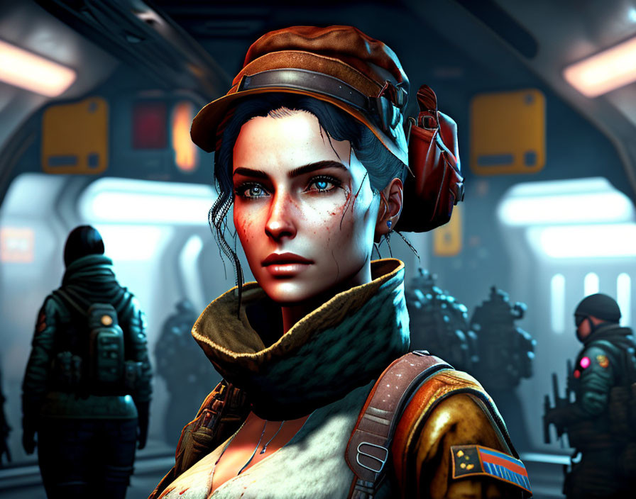 Female character with blue eyes in hat, headphones, and scarf in futuristic soldier setting