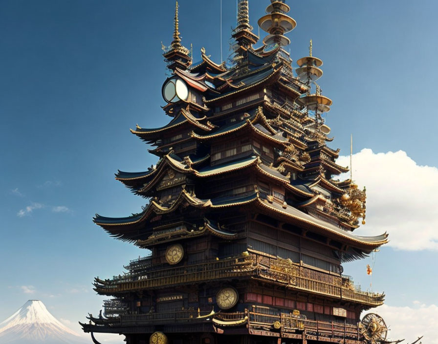 Intricate multi-tiered pagoda with gold details against Mount Fuji