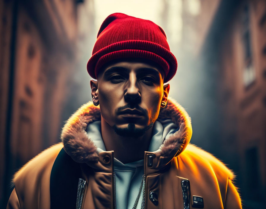 Man in Red Beanie & Fur Collar Jacket in Shadowed Alley