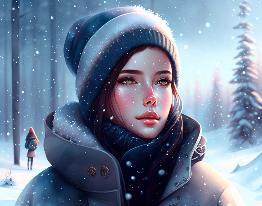 Winter-themed digital illustration of a woman in snowy landscape