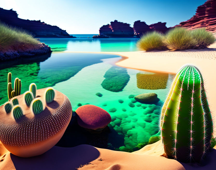 Desert Landscape with Cacti, Algae-filled Waters & Red Rocks