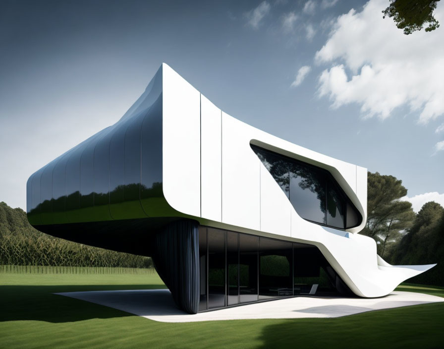 Sleek White Futuristic House with Large Windows and Unique Shape