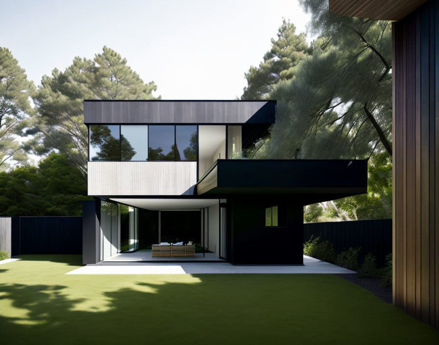 Contemporary Two-Story House with Large Windows and Cantilevered Design