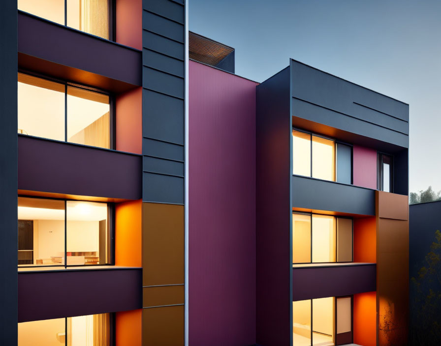 Architectural facade with geometric shapes and warm colors at dusk