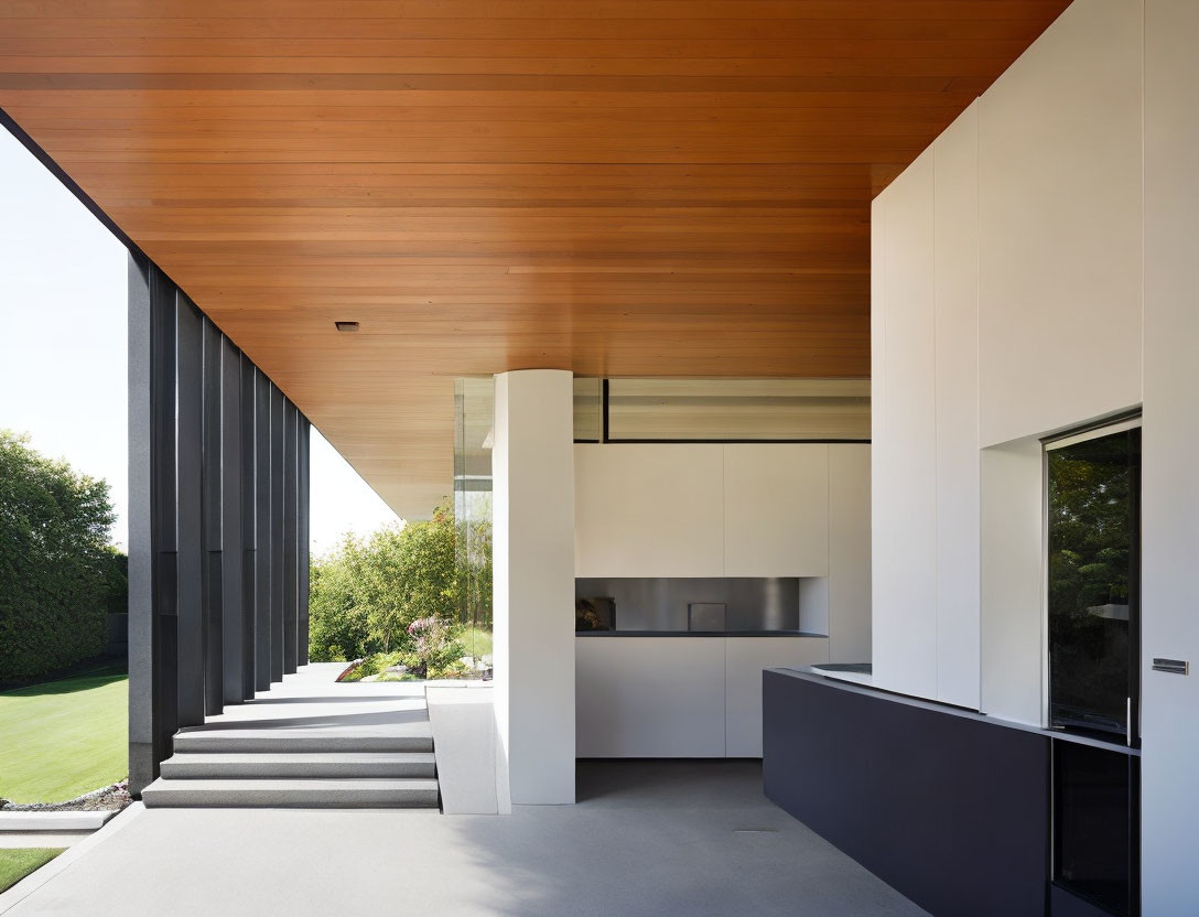 Contemporary Home Exterior with Large Overhanging Wooden Ceiling