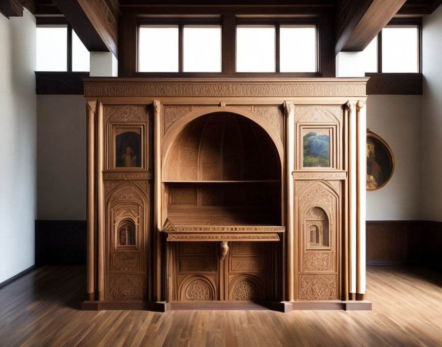 Intricate Carved Wooden Cabinet in High Ceiling Room