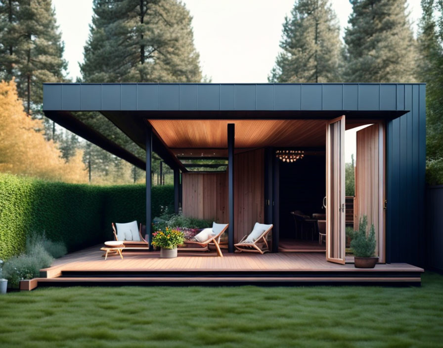 Wooden deck, sliding glass door, and lush greenery in modern backyard studio