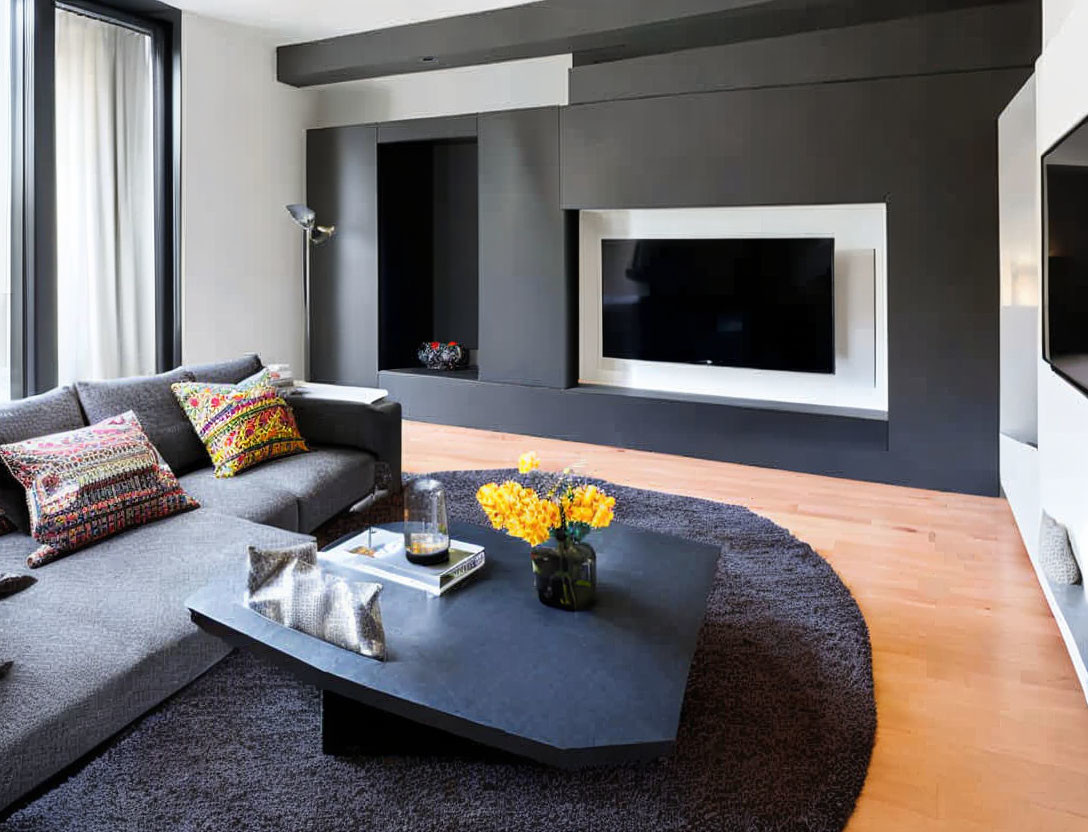 Contemporary Living Room with Gray Sofas, Dark Rug, Coffee Table, and Fireplace Built into Black