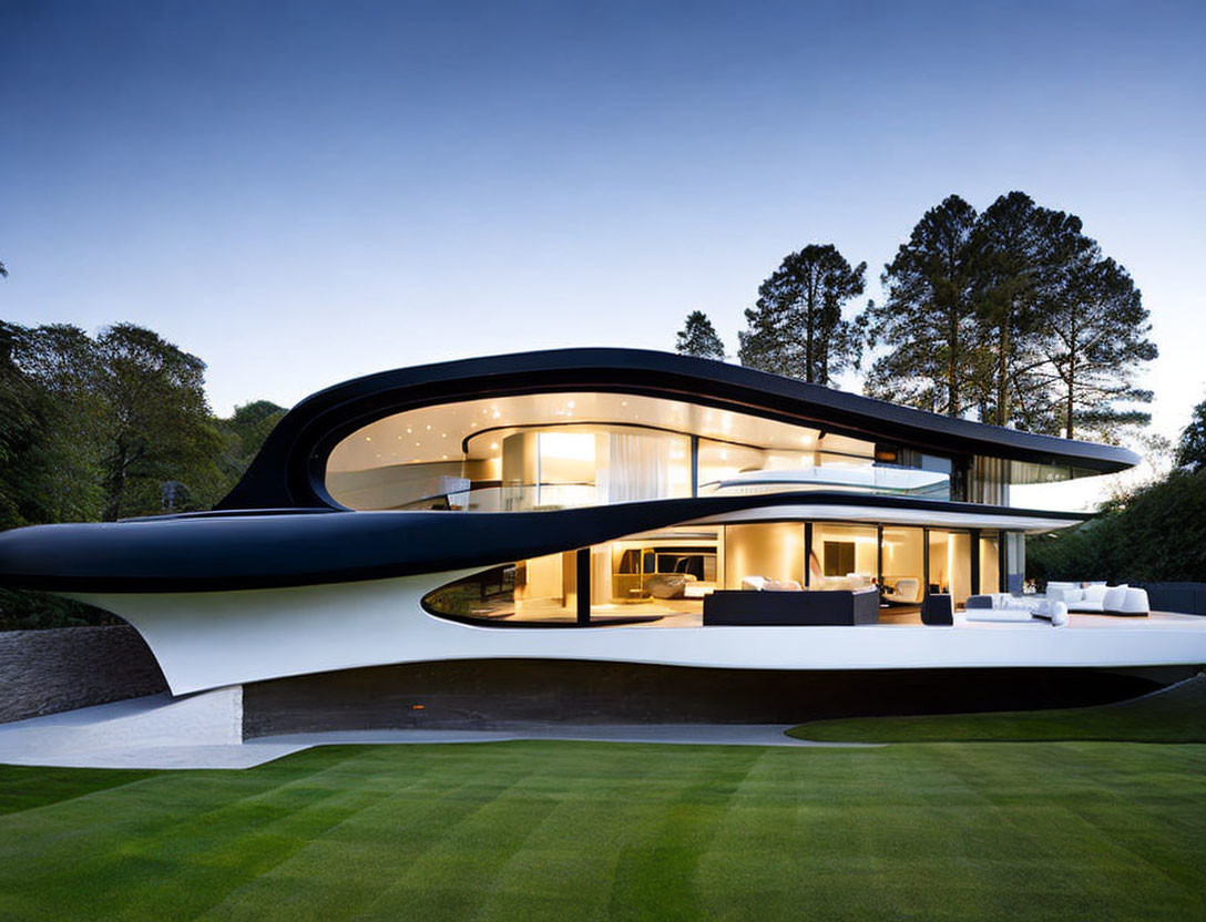 Futuristic modern house with curved lines and glass windows at twilight