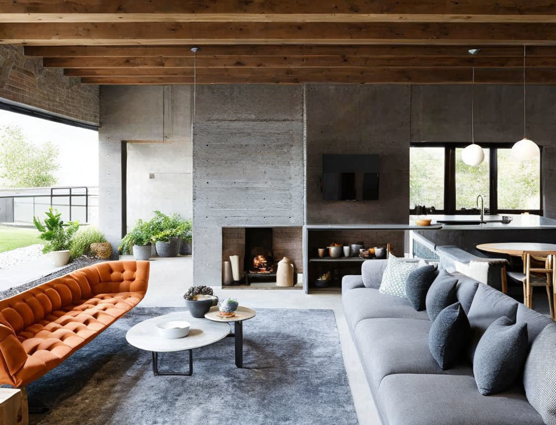 Contemporary Living Room with Concrete Fireplace and Orange Tufted Sofa