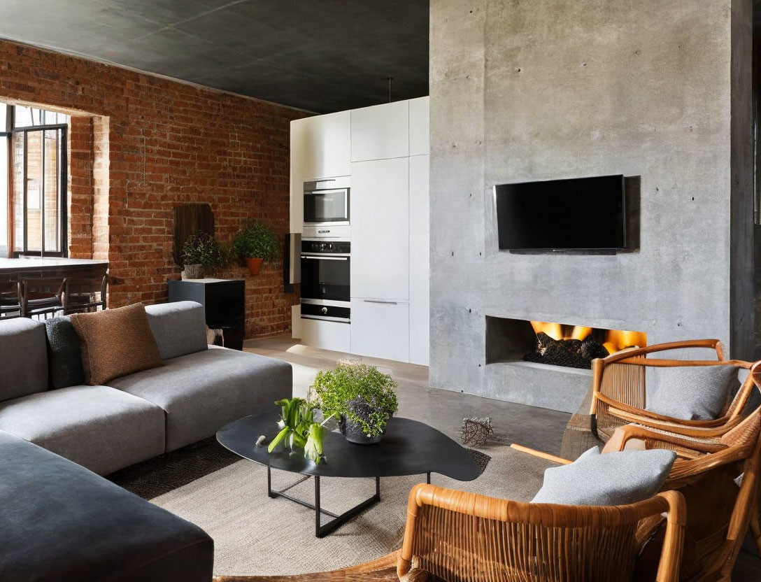 Modern Living Room with Exposed Brick & Concrete Fireplace