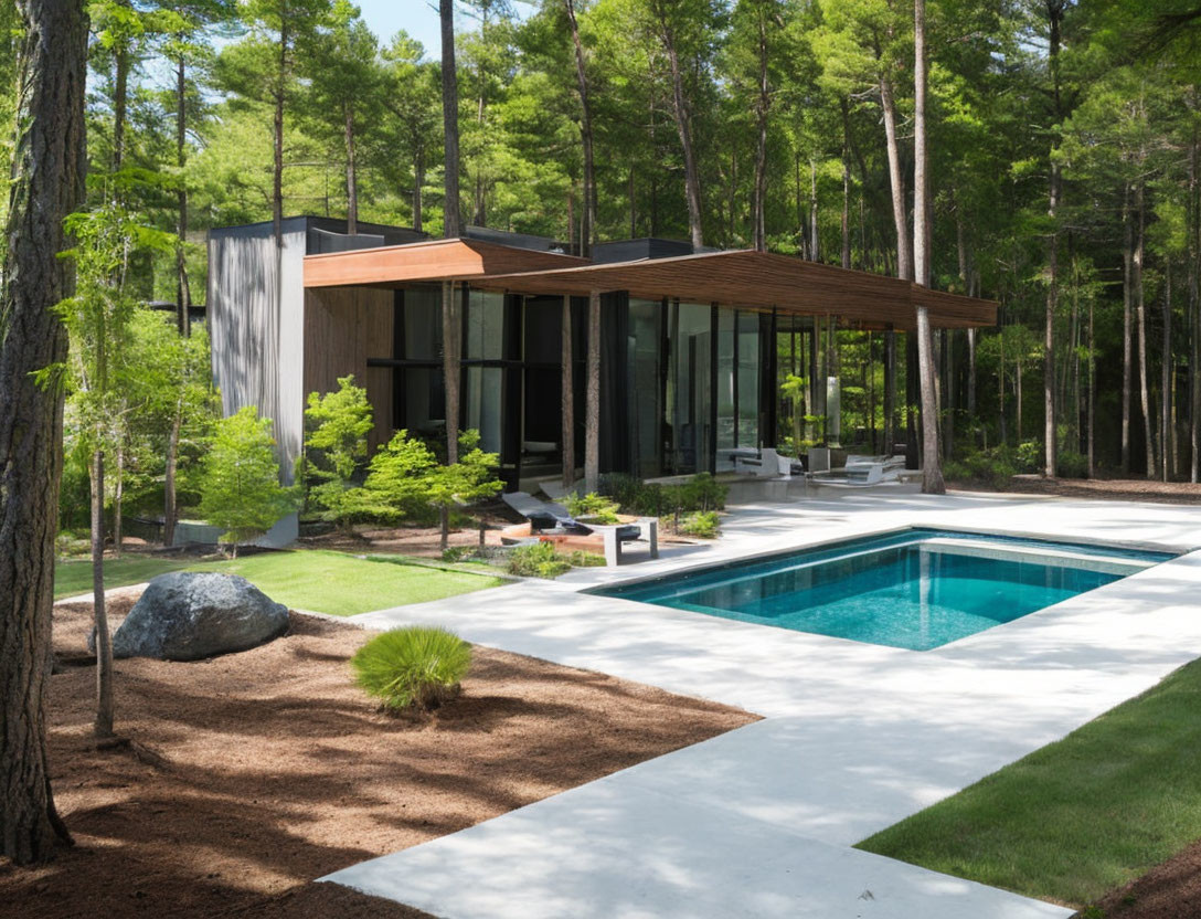 Contemporary House with Large Windows, Rectangular Pool, and Landscaped Garden