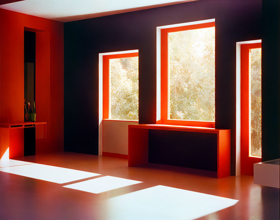 Sunlit Room with Red-Framed Windows & Green Tree View