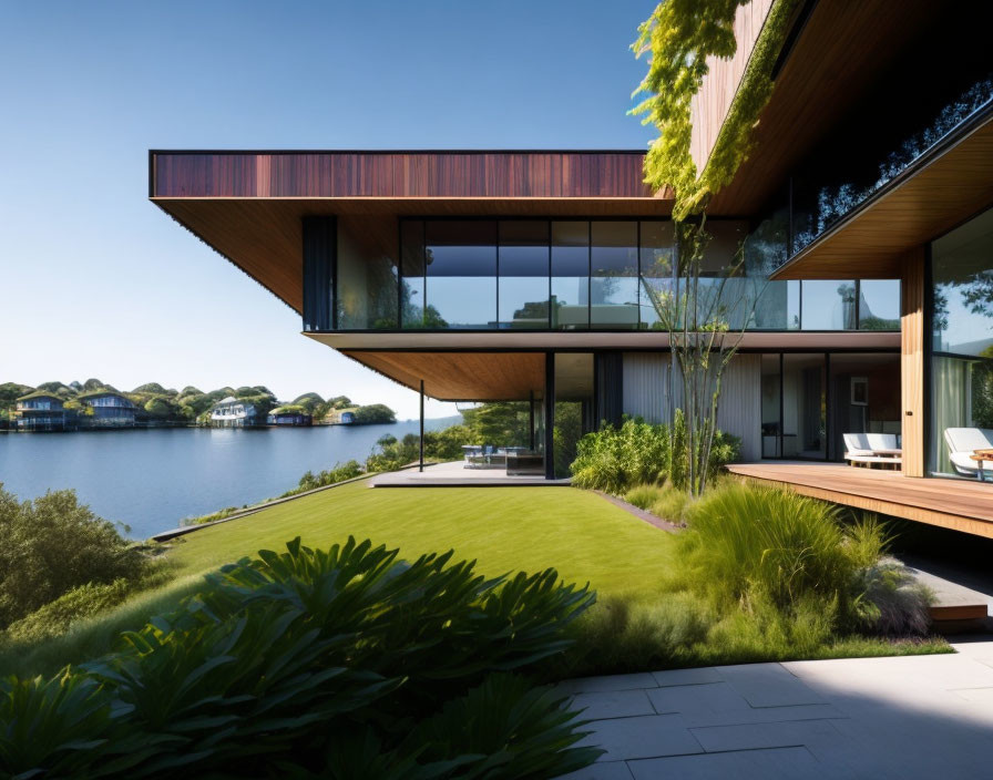 Contemporary waterfront house with overhanging upper floor and expansive glass windows