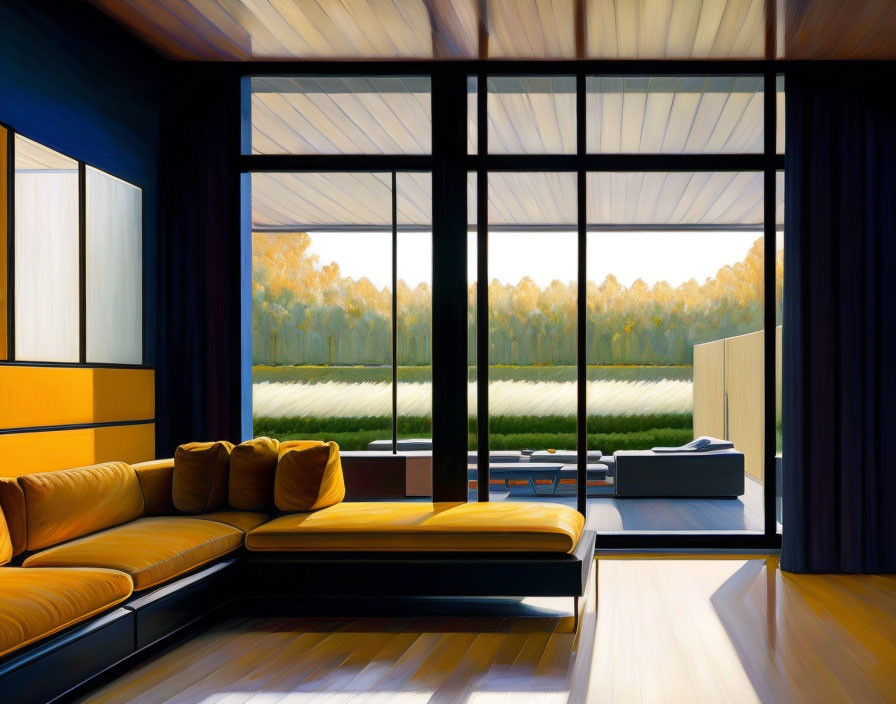 Contemporary Room with Orange Sofas and Large Windows overlooking Autumn Trees